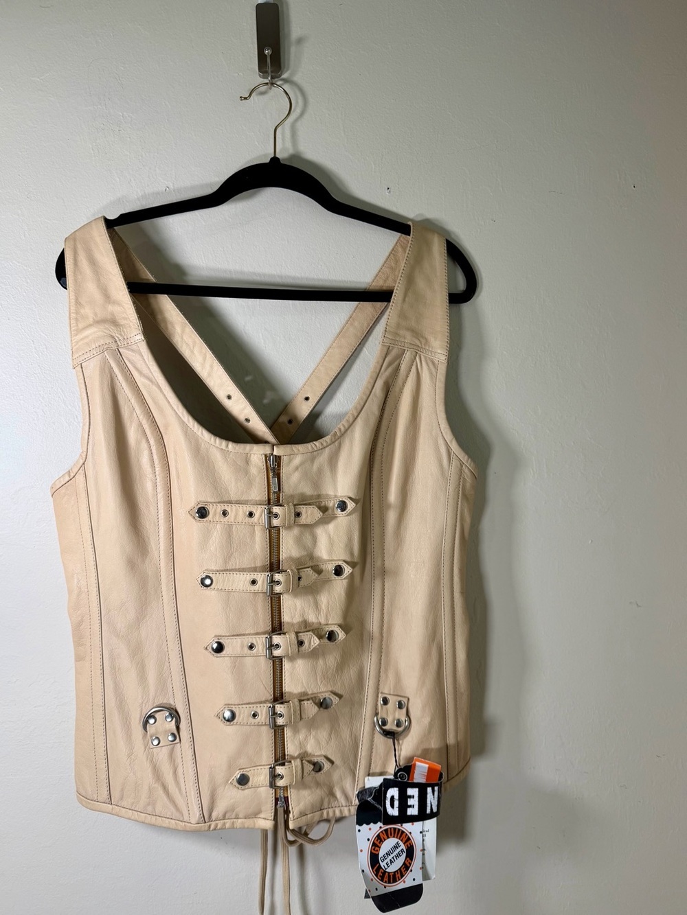 Neutral Beige Leather Vest with Strap Buckle Front - Unbranded